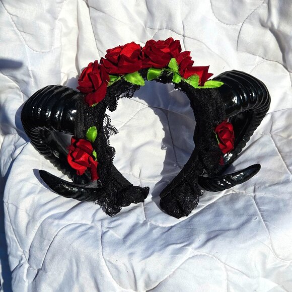 Sold - Sheep Horn Floral Hair Band Halloween Gothic Costume Headband Cosplay - Picture 9 of 14